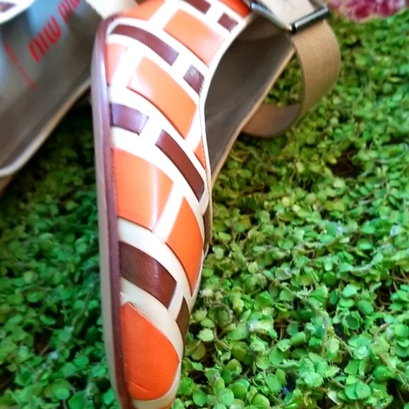 MIU MIU Y2k Orange  Brown Basketweave Italy  Leather Mary Janes Shoes 39 8.5 Euc - Picture 14 of 16